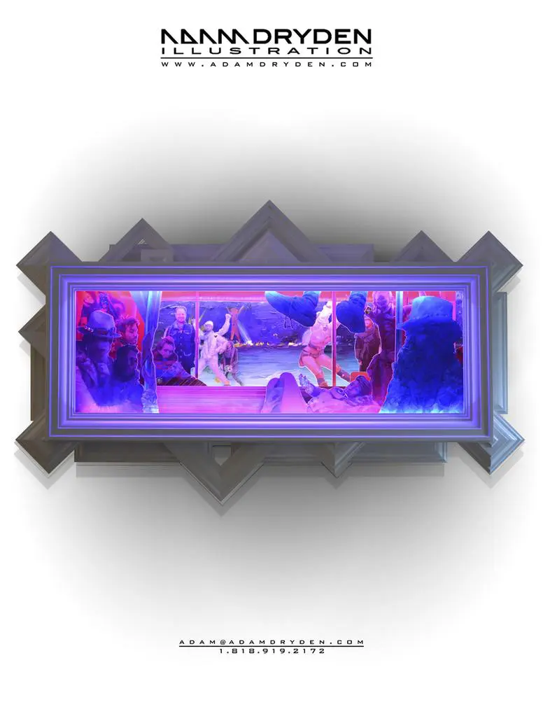 A picture of the back side of a frame with a purple light.