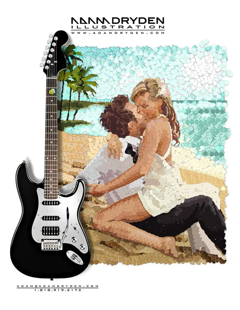 A couple is sitting on the beach with their guitar.