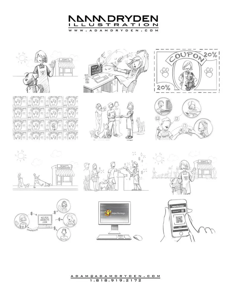 A series of drawings depicting various activities.