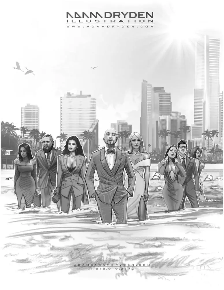 A group of people in suits walking across the beach.