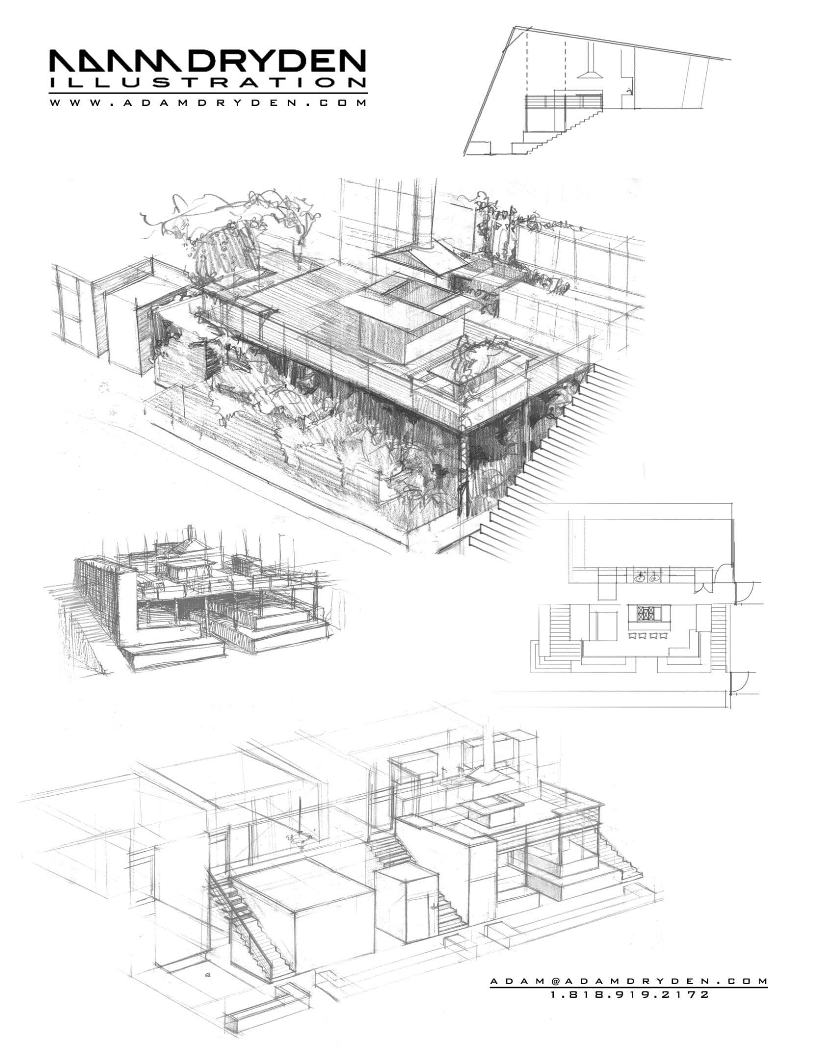 A series of drawings showing the interior and exterior of a house.