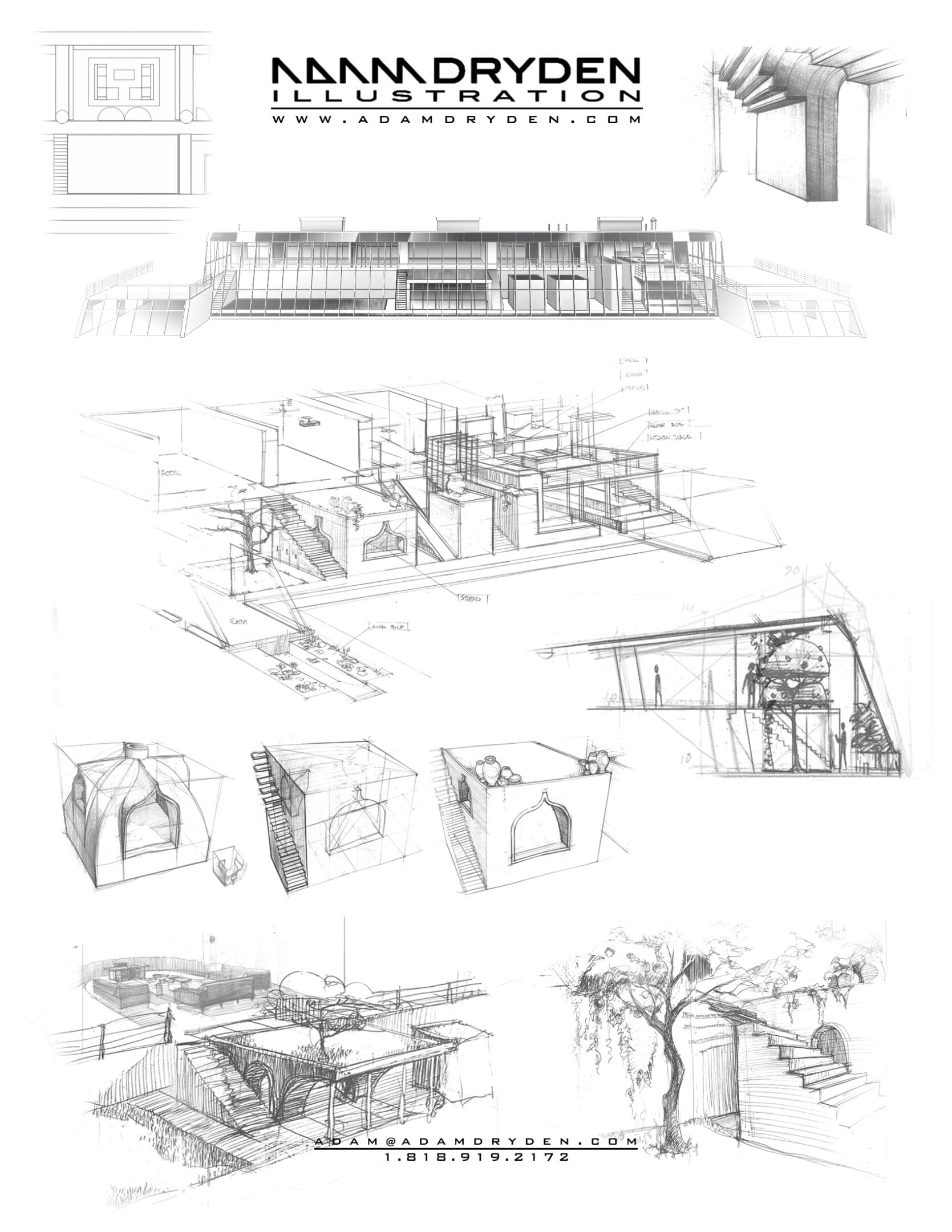 A series of drawings showing various architectural features.