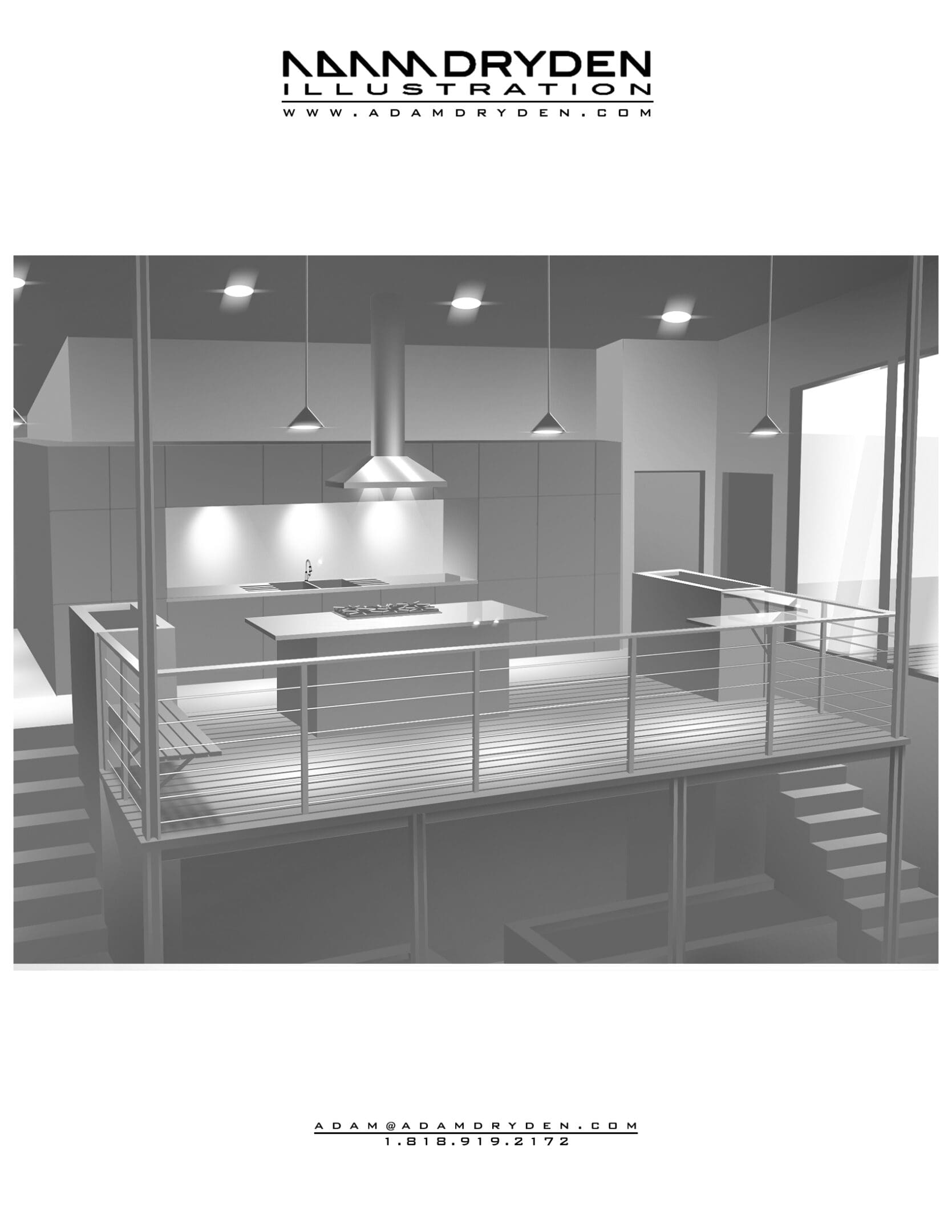 A black and white image of an island in the kitchen.