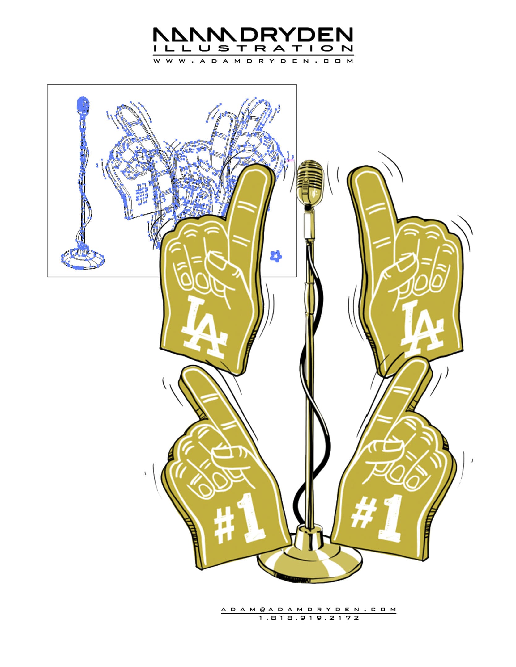 A microphone and some gold foam hands