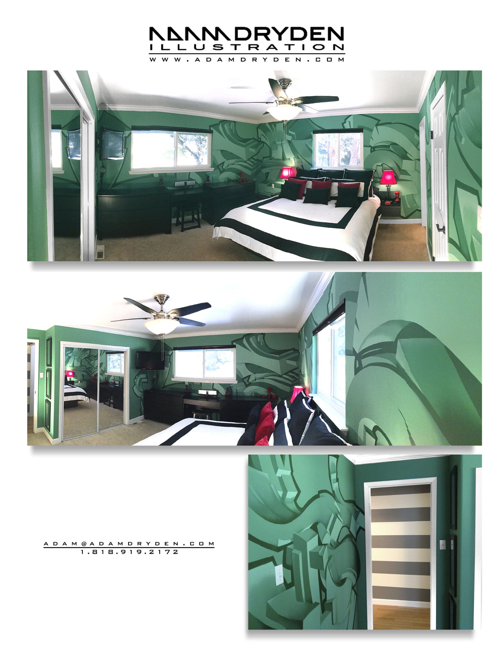 A bedroom with green walls and a large bed.