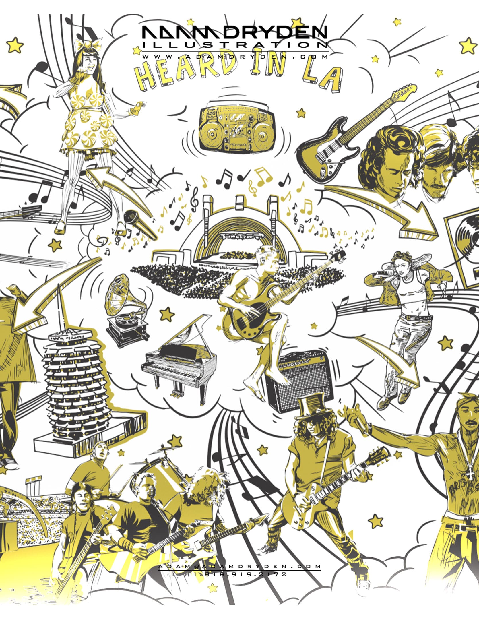 A yellow and white illustration of people playing instruments.