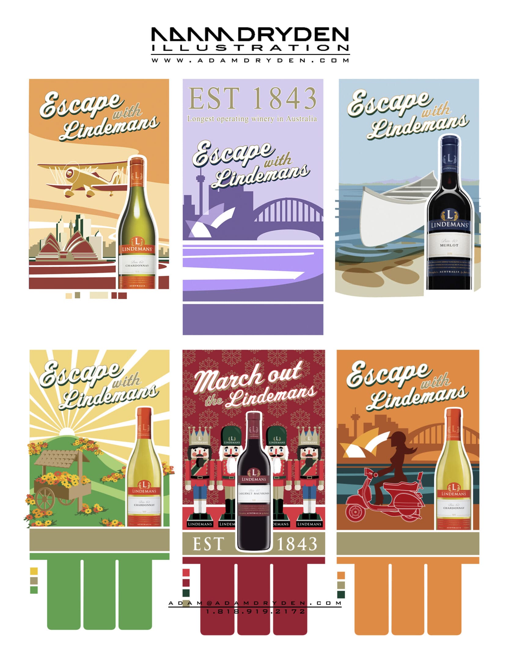 Six different wine posters with a variety of wines.