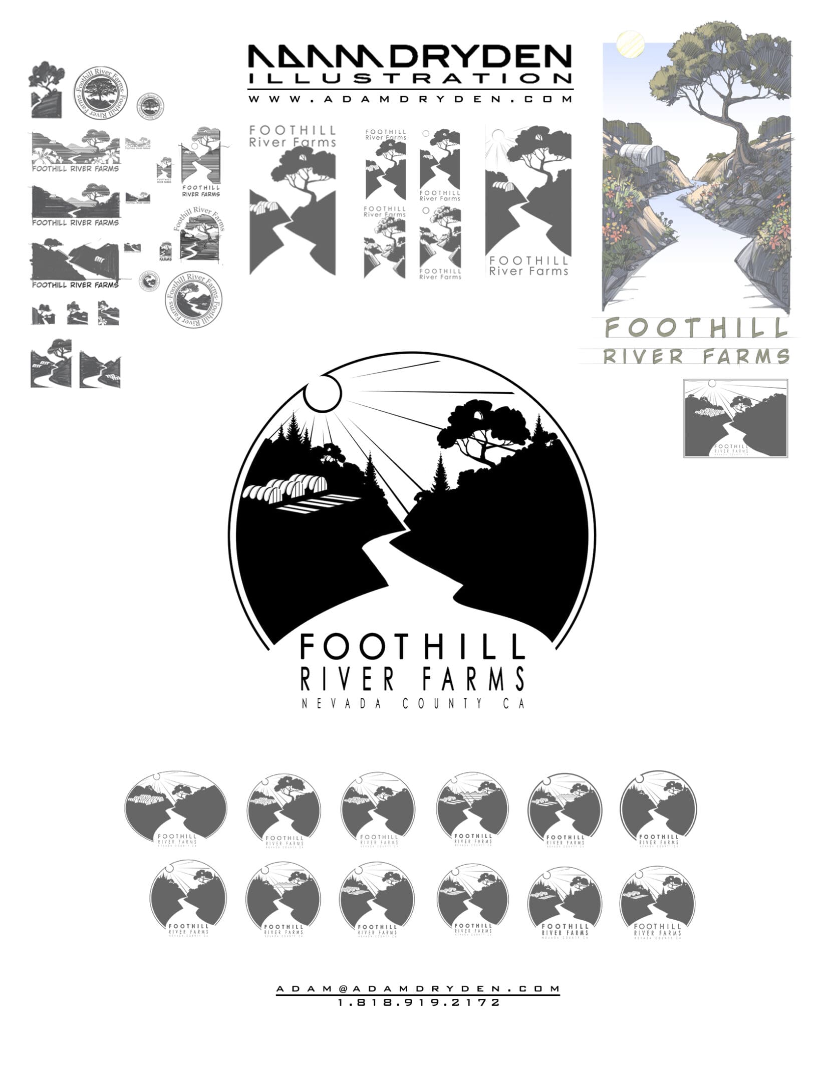 A black and white logo with various images of trees.