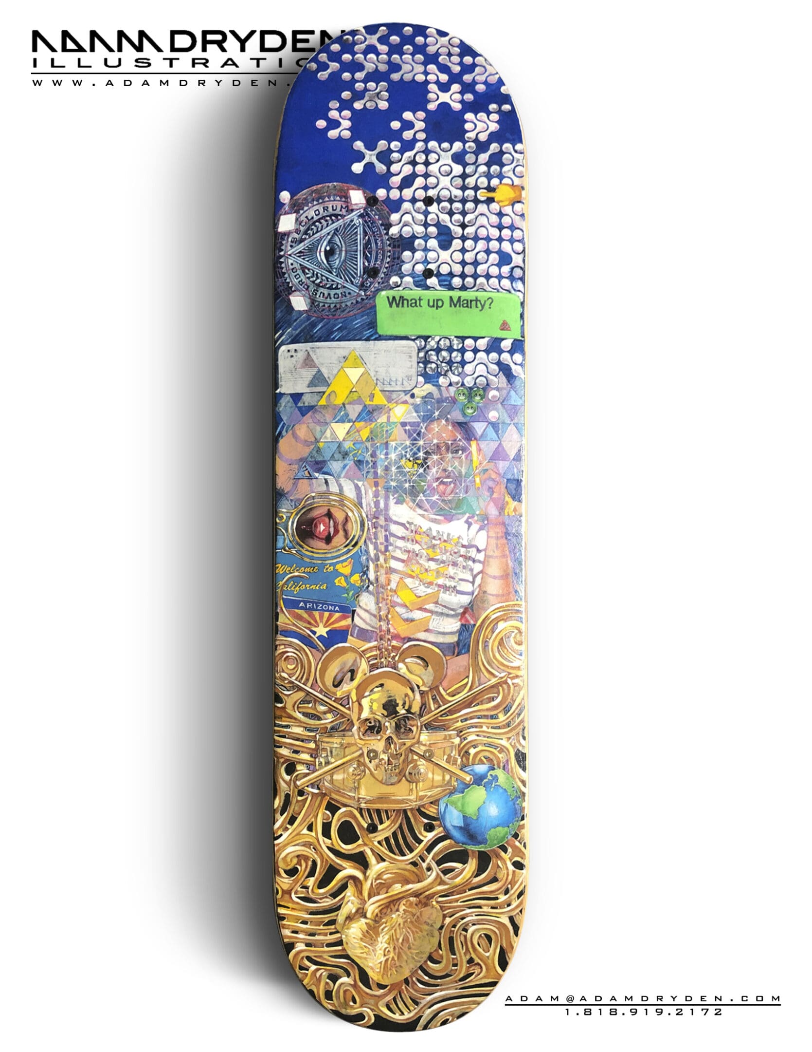 A skateboard with a picture of a dog and other animals.