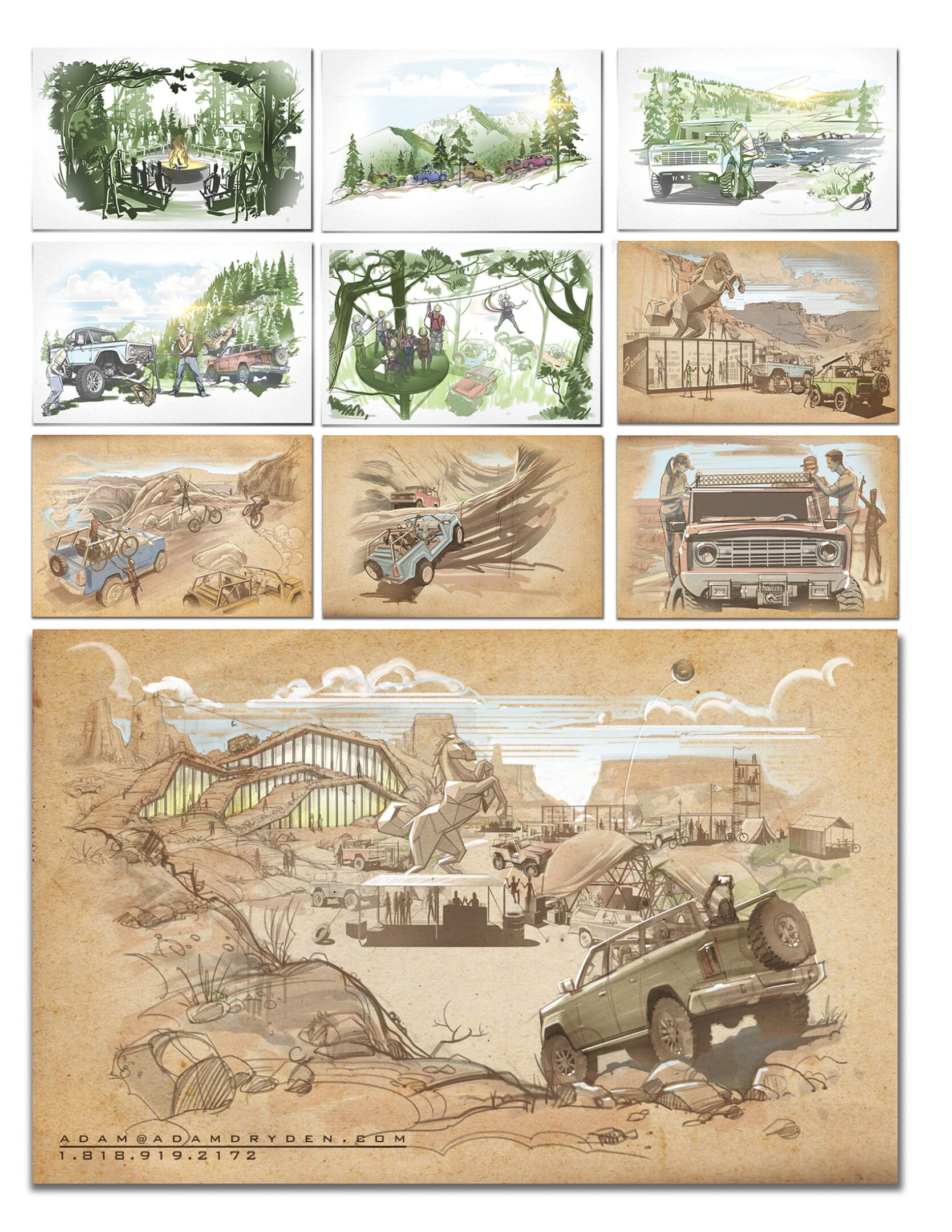 A series of drawings depicting various scenes in the past.