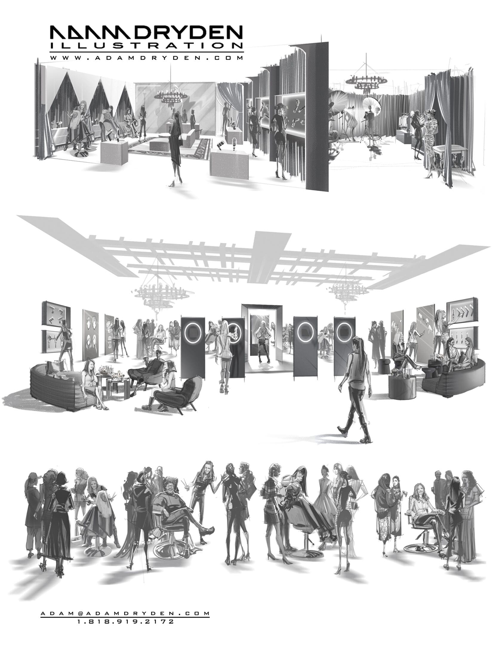 A series of black and white drawings showing people in different areas.