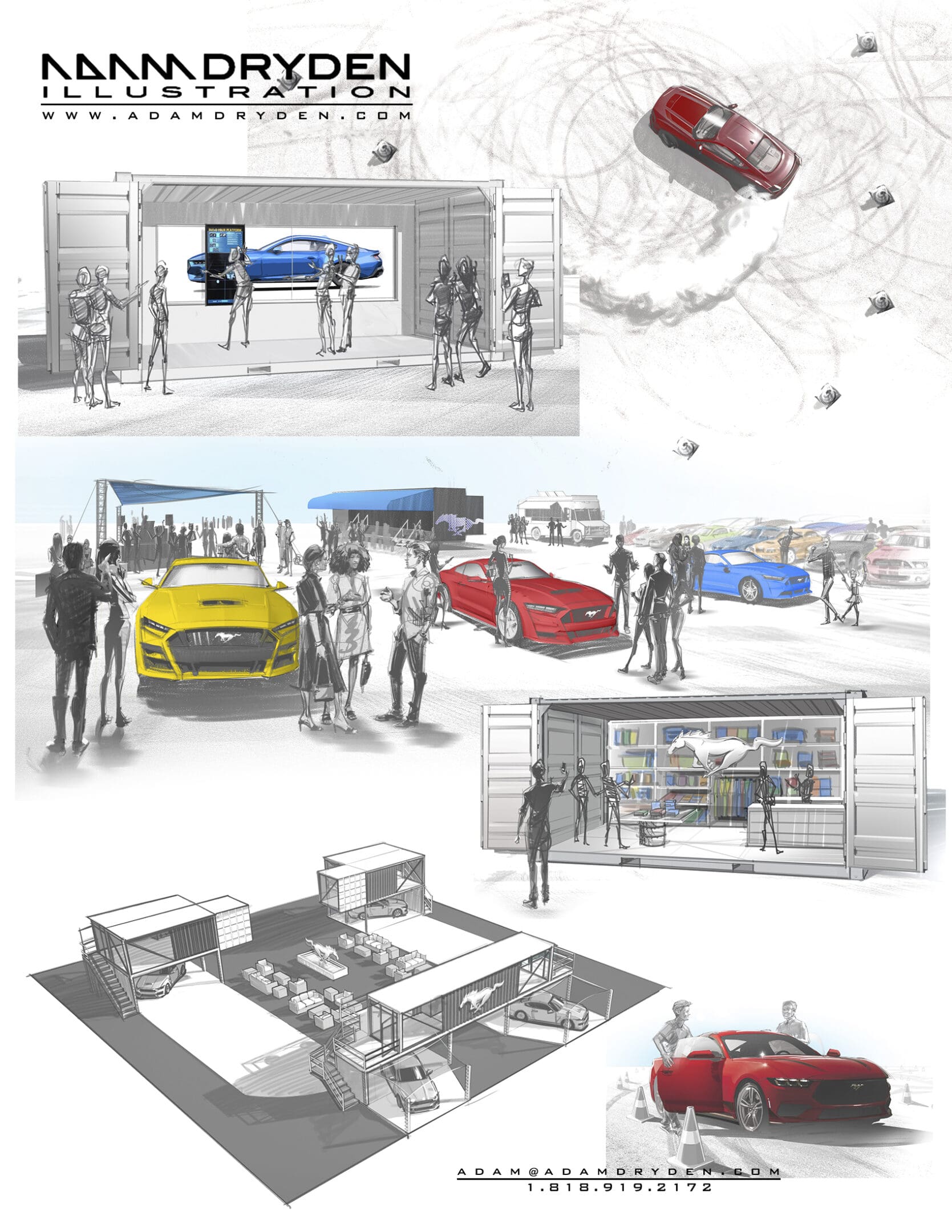 A series of images showing different stages in the process of building a car.