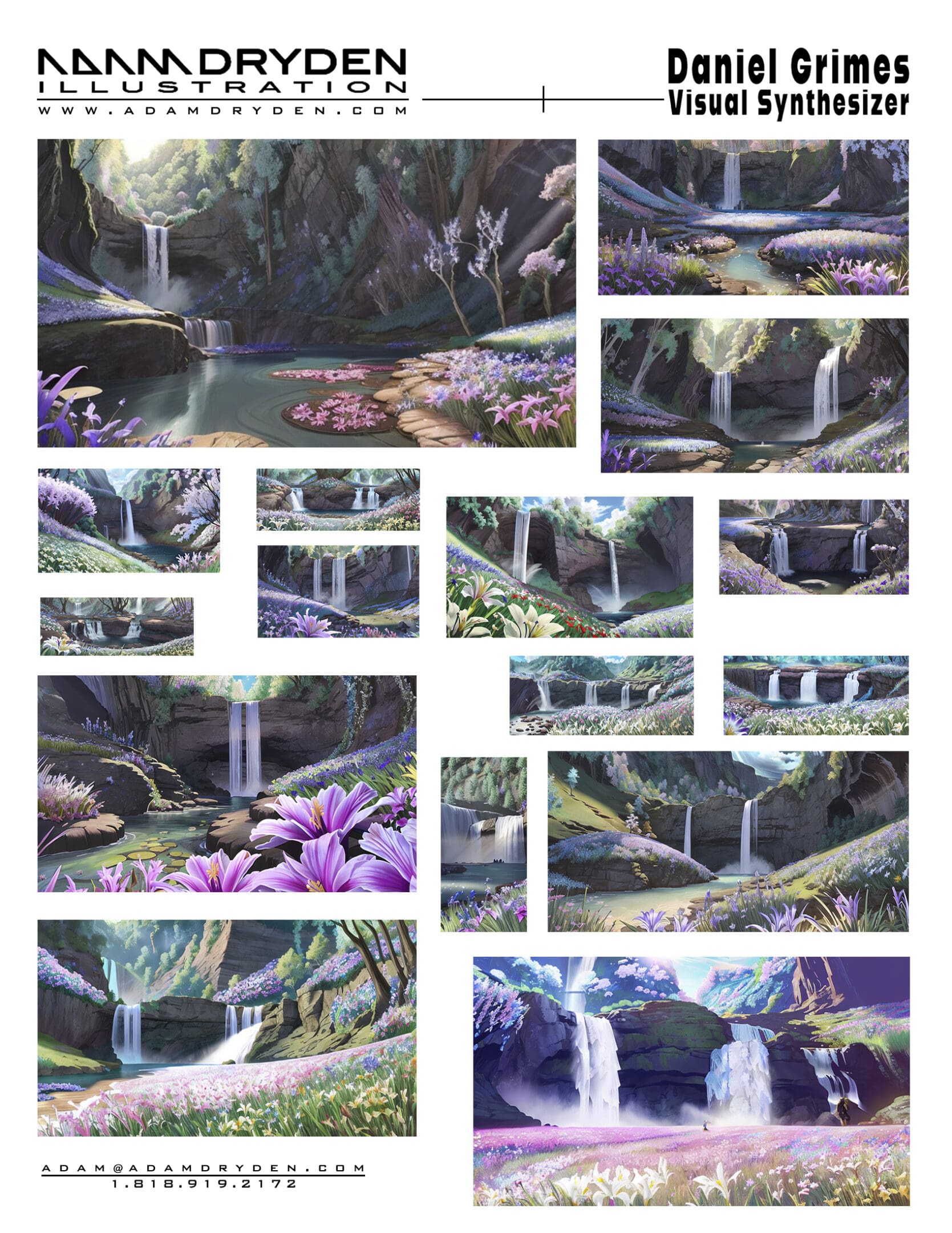 A series of paintings depicting various waterfalls.