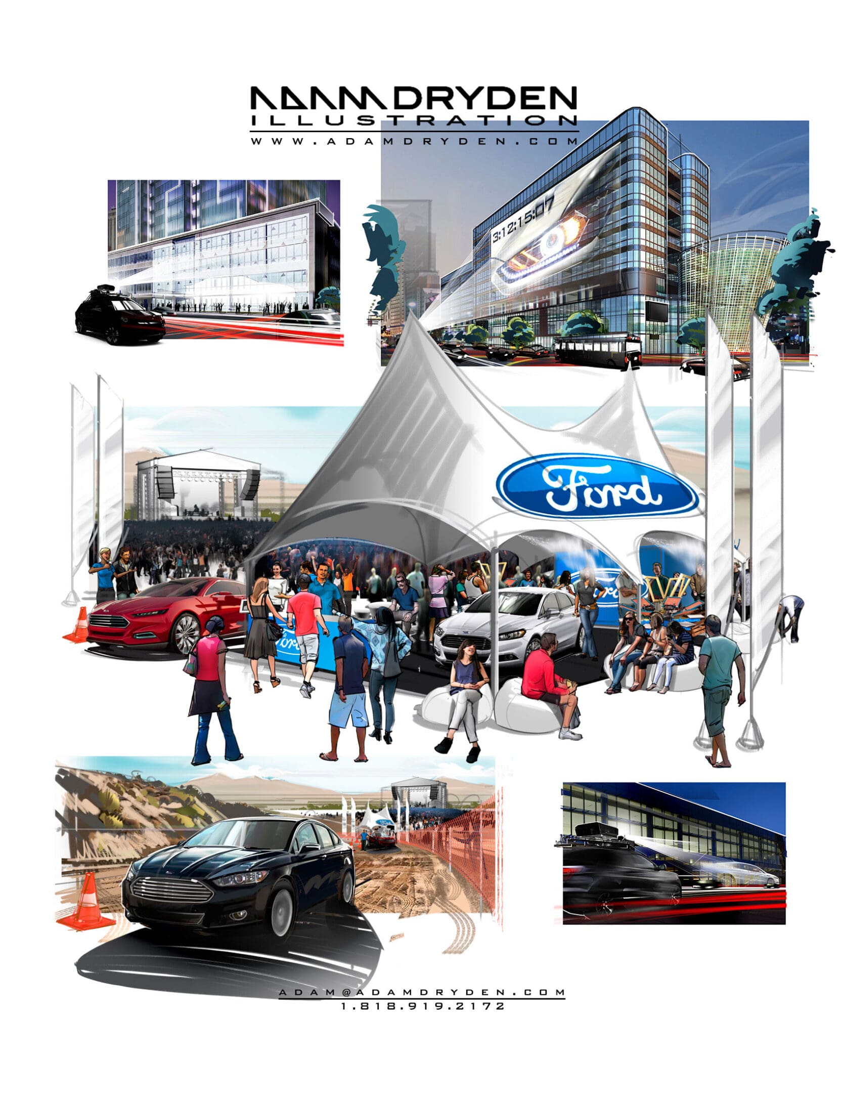 A collage of images with ford logo and people.