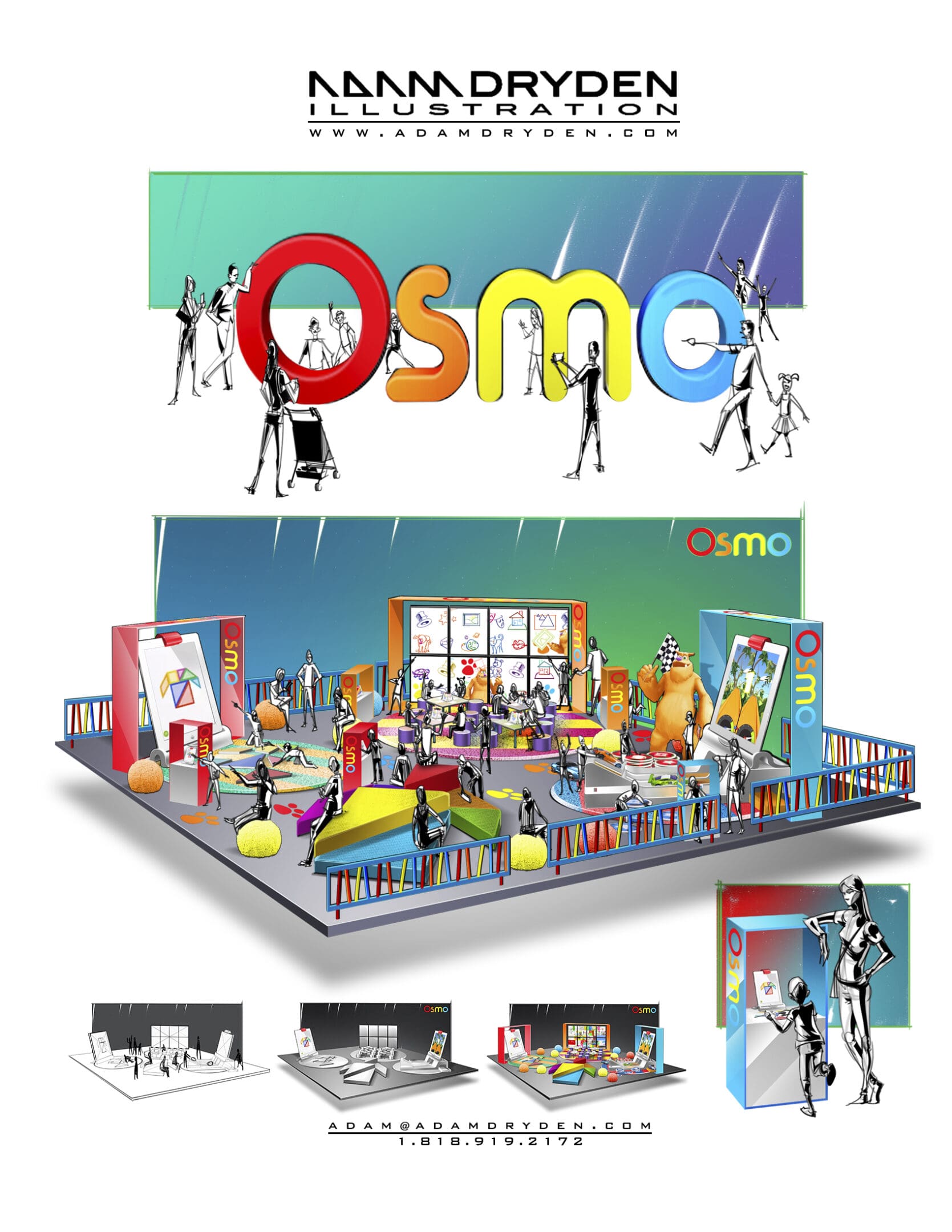 A display of various objects and people in front of the word osmo.