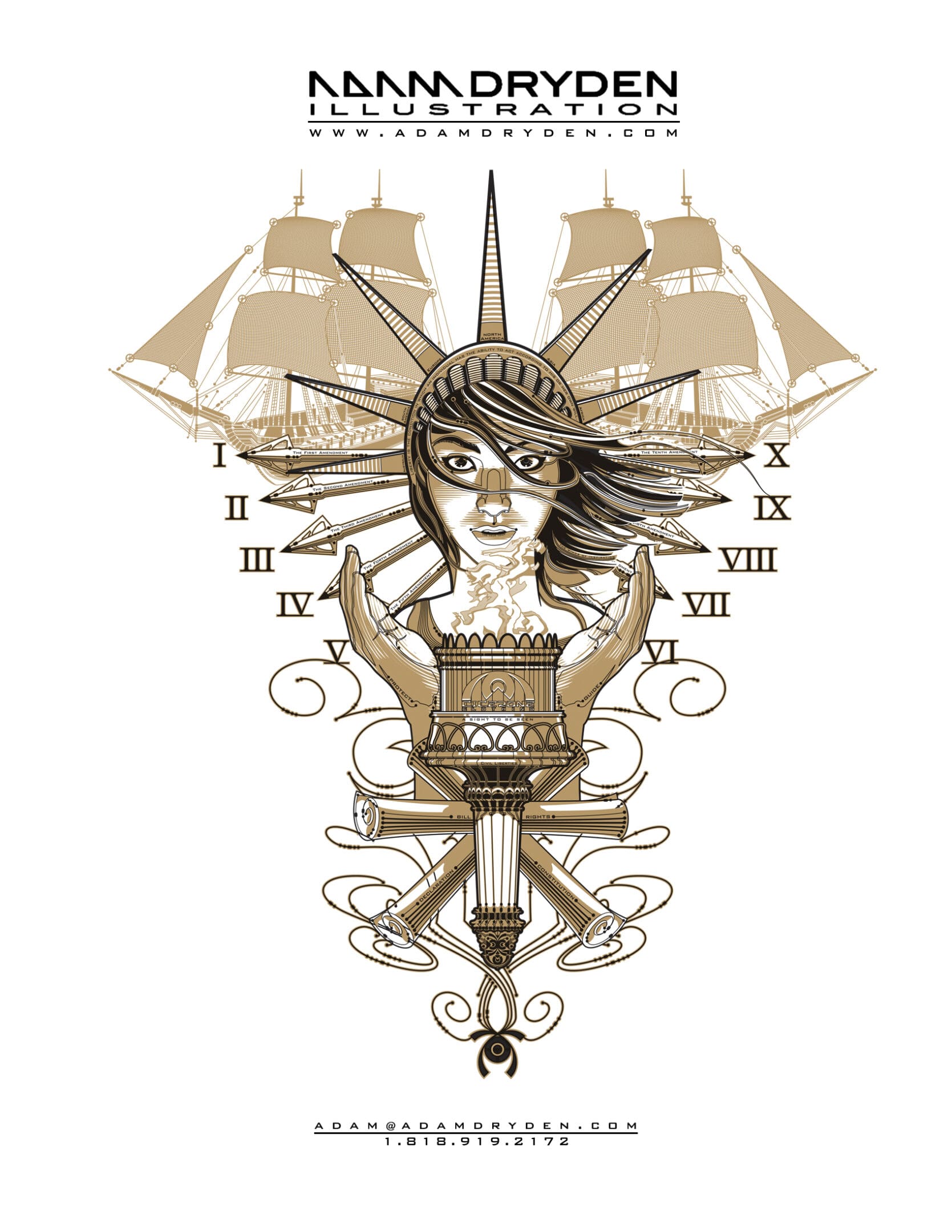 A drawing of a woman with a clock and ship 's wheels.