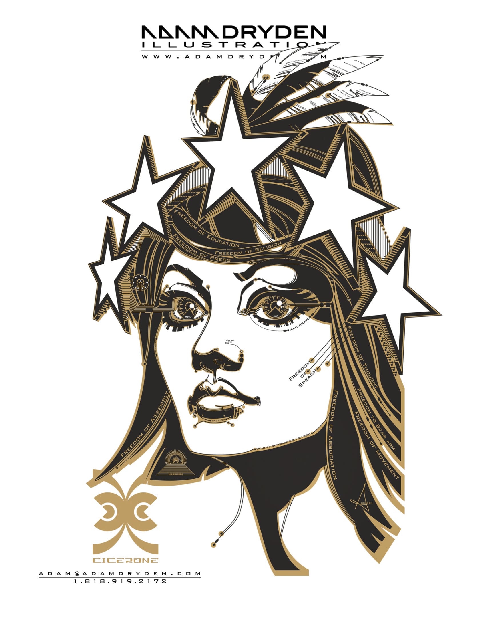 A drawing of a woman with stars on her head.