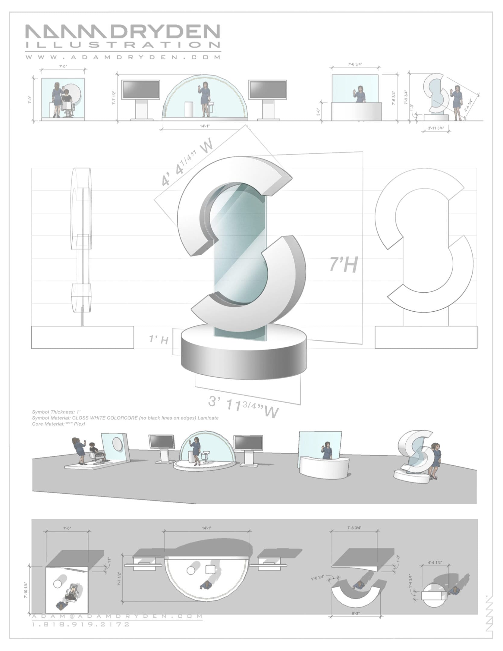 A drawing of a sculpture with several different designs.