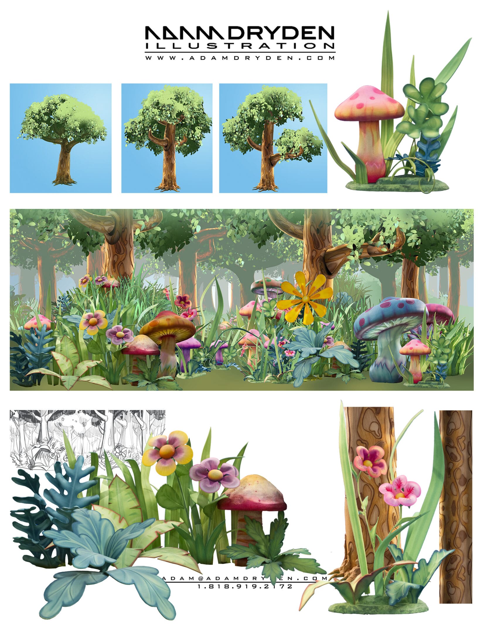 A series of pictures showing different stages in the process of creating a forest scene.