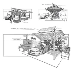 A drawing of a car garage with two different views.